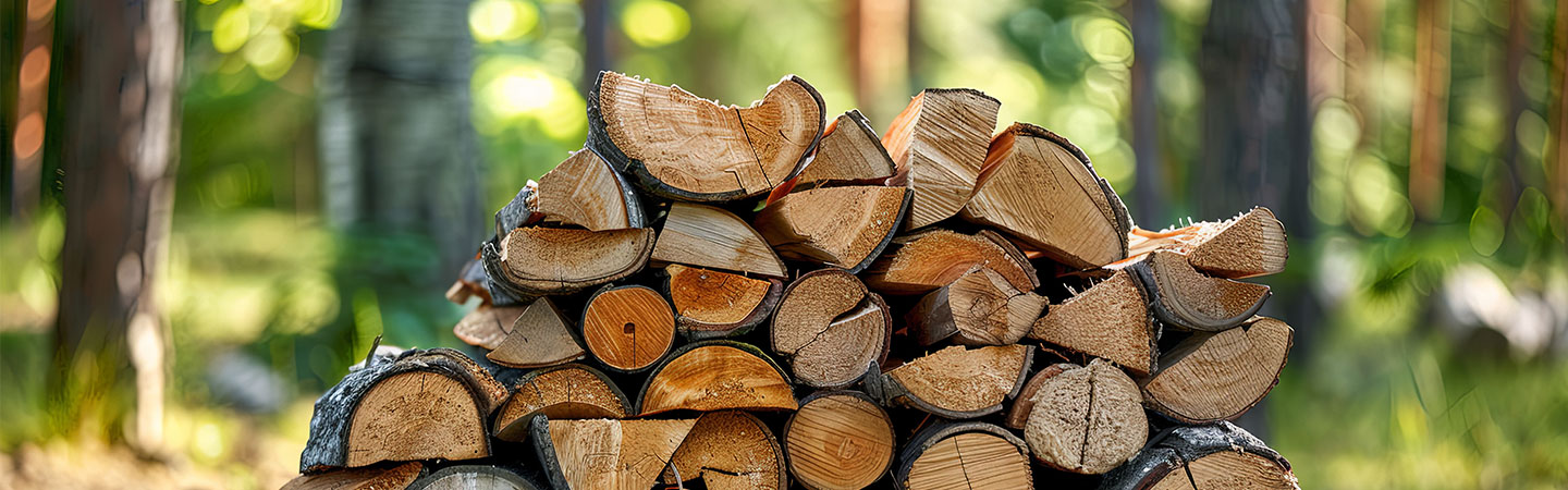 Tas de bûches de bois en forêt française